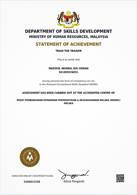 Statement of Achievement, Train The Trainer, Department of Skills Development Malaysia